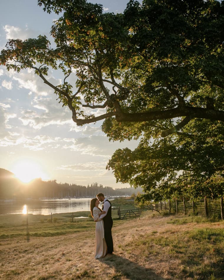 Couple embracing under gnarled tree branch with lake, moorland and conifer forest visible beyond in golden afternoon light